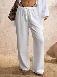 Linen Blend Beach Wide Leg Drawstring Pants, Comfortable, Casual and Stylish Summer Wear, Perfect for Relaxing at the Shoreline, Ideal for Warm Weather