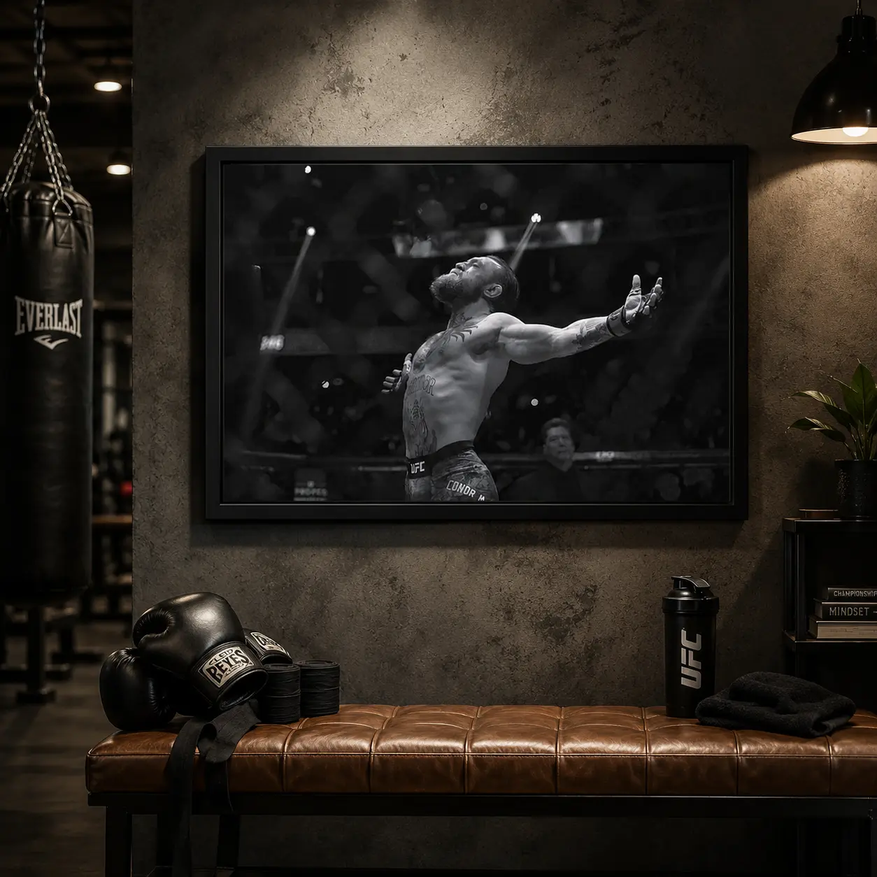 Conor McGregor UFC Victory Framed Canvas Wall Art - Black-White Classic MMA Fighter Octagon Open Arms Print, Aluminum Wood Frame, Vintage Monochrome Arena Decor, Man Cave Gym Gift for UFC Fans, Decoration