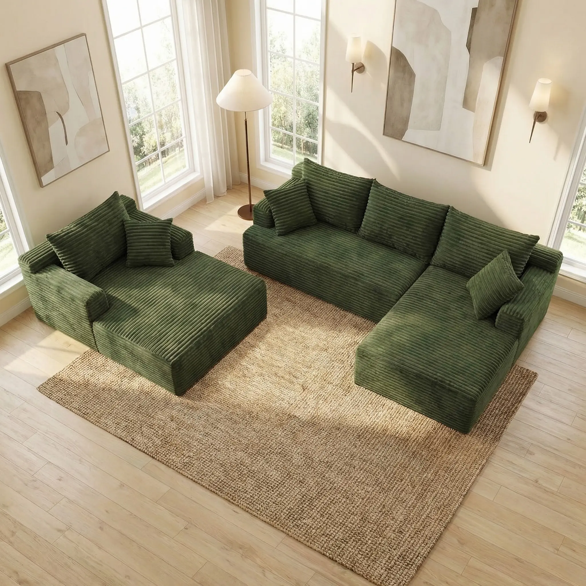QIMENG Boneless Oversized Modular L-Shaped Corduroy & Velvet Upholstered Sofa - Fixed Arms, Traditional Design, Deep Seat, Free-Combination Living Room Couch, Living Room Couches