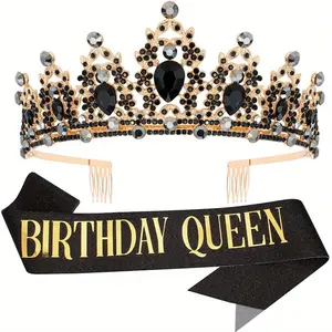 Female Alloy Base Rhinestone Crown Set, Elegant Look Glitter Sash with Adjustable Safety Pin, Fashion Hair Accessory Headpiece for Birthday, Wedding Events