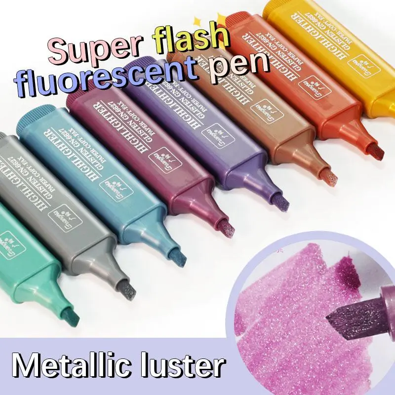 Metallic Highlighter Set, 8 Counts/box Metallic Luster Highlighter Pen, Kawaii Stationery Diary Decorative Pen, Student School Office Supplies