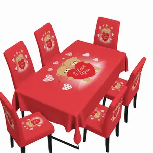Valentine’s Day Bear Tablecloth & Chair Covers Dining Chair Slipcover Set (2/5/7PCS) Romantic Love Design Dining Room Decor