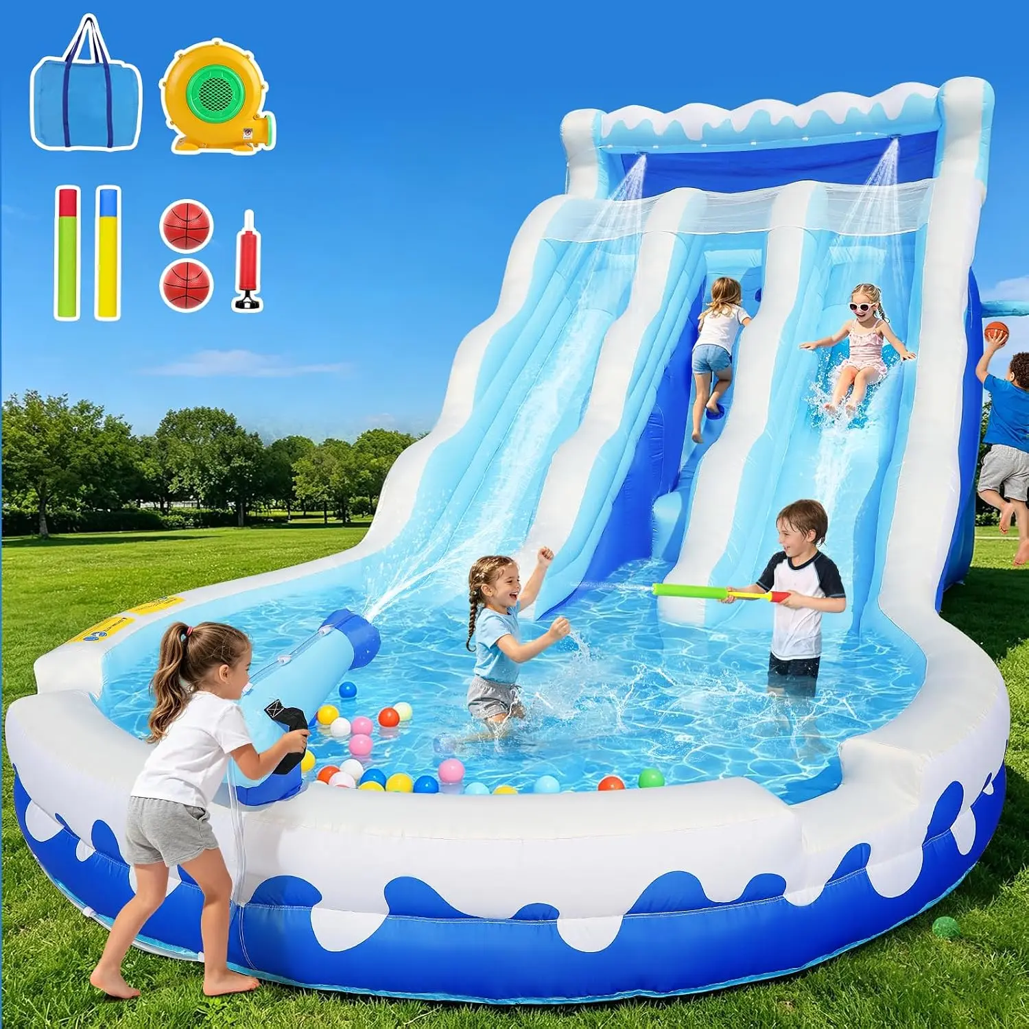BHGGRInflatable Water Slide Bounce House, Dual Slides Water Park with Climbing Wall, Water Cannon & Basketball Hoop for Indoor Outdoor Backyard Play