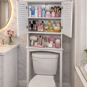 Redmon Louvered Double Doors Over The Toilet Space Saver Storage Cabinet (Full Side Panels), Adjustable Center Shelf, 23.50 Inch Width x 63.00 Inch He