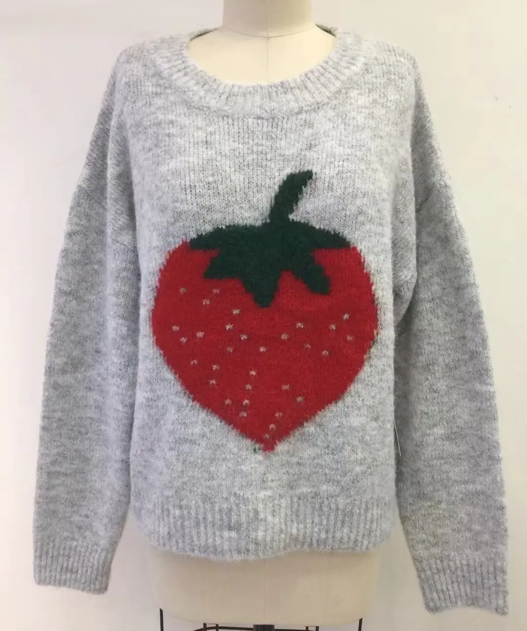 Women's strawberry pattern long-sleeved cardigan top autumn and winter round neck sweater casual style retail/wholesale