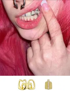 2pcs Women's Copper Tooth Gem Kit, Hollow Heart Design, Plated, Micro-Embellished 5a+ Artificial Zircon, Party Style