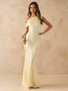 JADEE Yellow Satin Asymmetric Shoulder Backless Tie Strap Dress