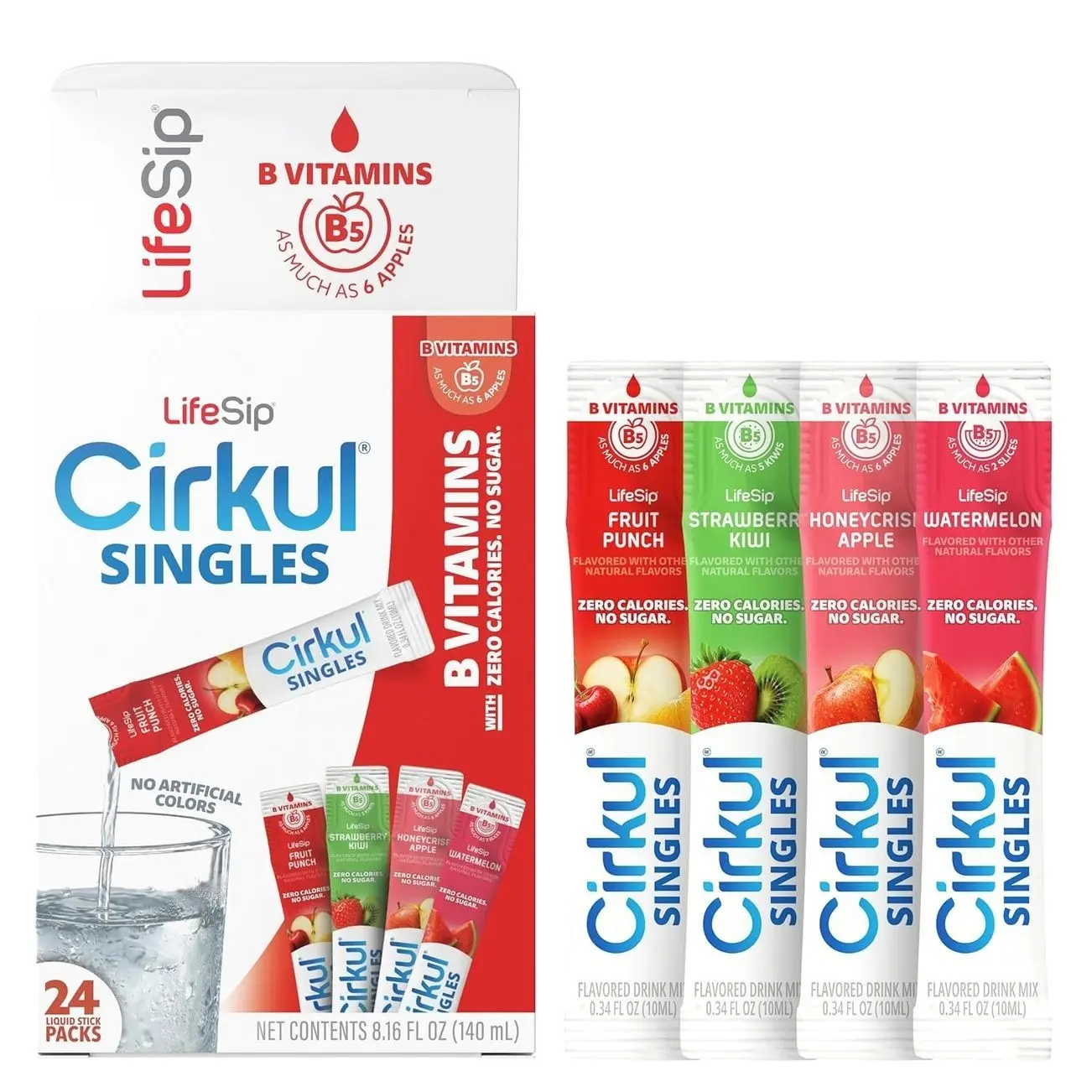 Cirkul LifeSip® Sugar Free Water Flavoring Clear Liquid Packets (24 Pack) - Fruit Punch, Strawberry Kiwi, Apple, Watermelon. No Sugar, Zero Calorie Drink Mix with B Vitamins, No Artificial Colors