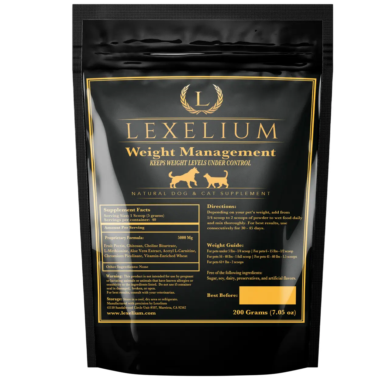 Lexelium Weight Management Pet Supplement Powder with L-Carnitine Chitosan Chromium Pectin Supports Healthy Metabolism for Dogs & Cats