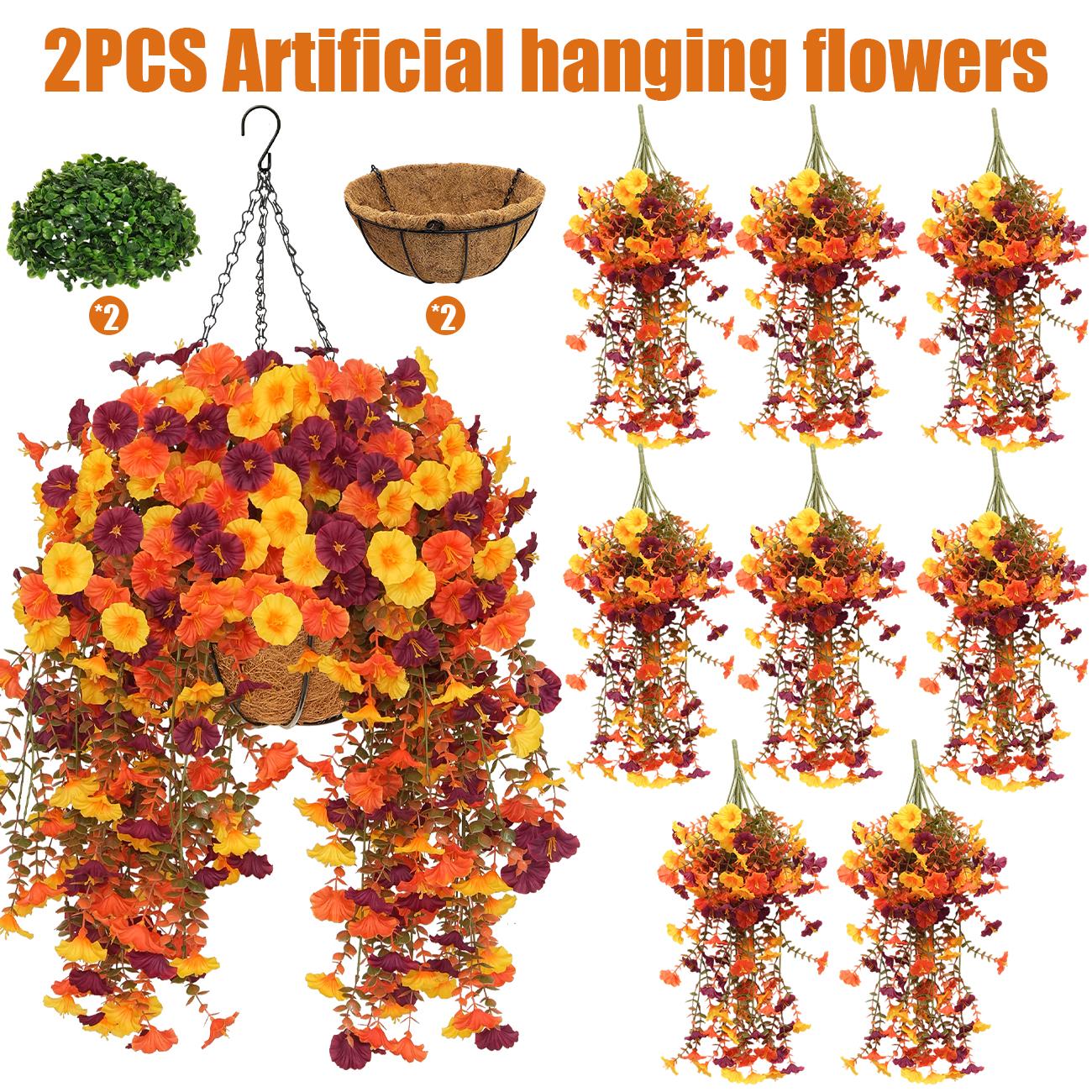 2Pcs Artificial Hanging Flower Baskets, UV Resistant Daisies/Pansies/Morning Glories/Ferns Arrangement, No Maintenance Fall & Halloween Decor for Porch Patio Balcony Yard, Home Accessory, House Decor homeessentials