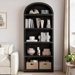 Bookcase 5 Shelf Arched Bookshelf 71.65in Tall Bookcase Farmhouse Display Storage Rack Wooden Bookshelves for Home Office, Living Room (Pure Black)