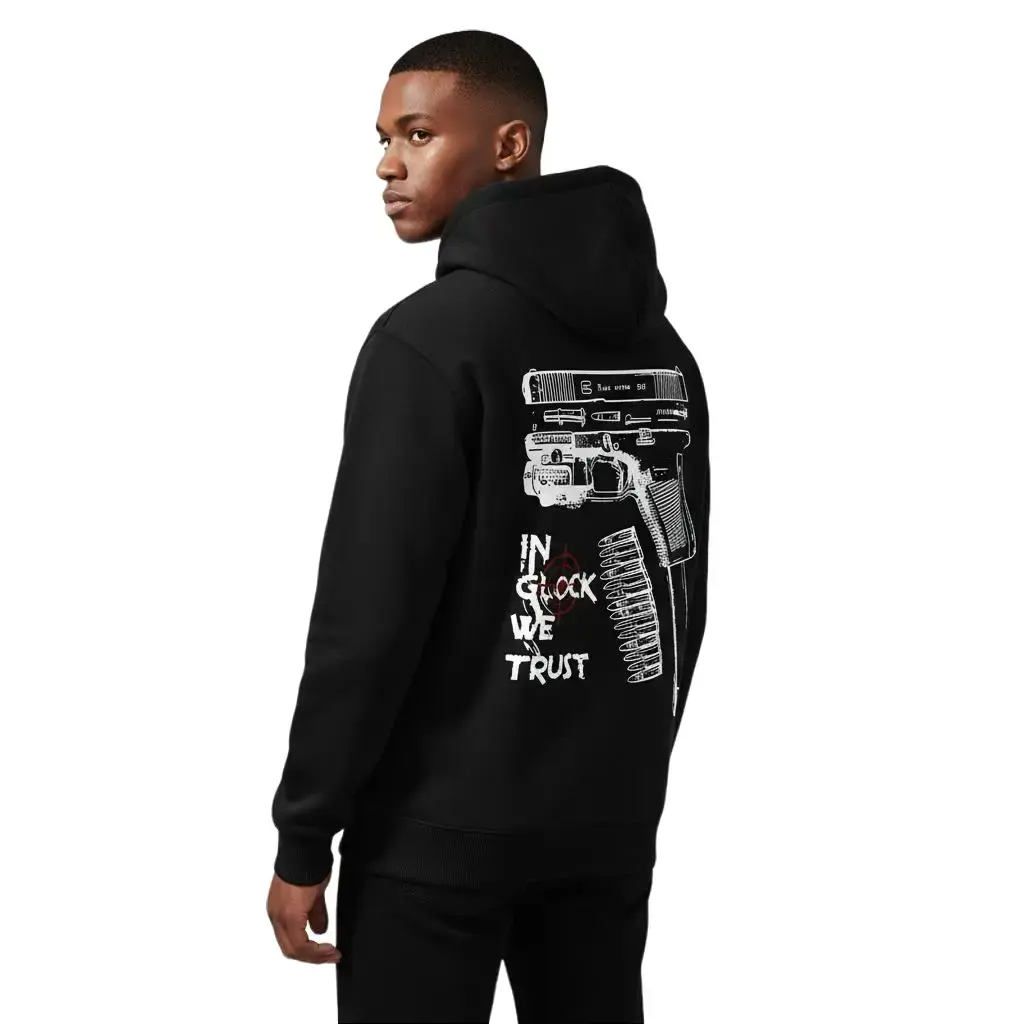Graphic Pullover Hoodie for Men with "In Glock We Trust" Print, Soft Cotton Blend Long Sleeve Sweatshirt for All Seasons Casual Streetwear, Male, Fitted, T-Shirt, Clothes