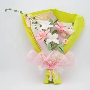 Crochet Flower Bouquet, 100% Handmade | Green/Pink