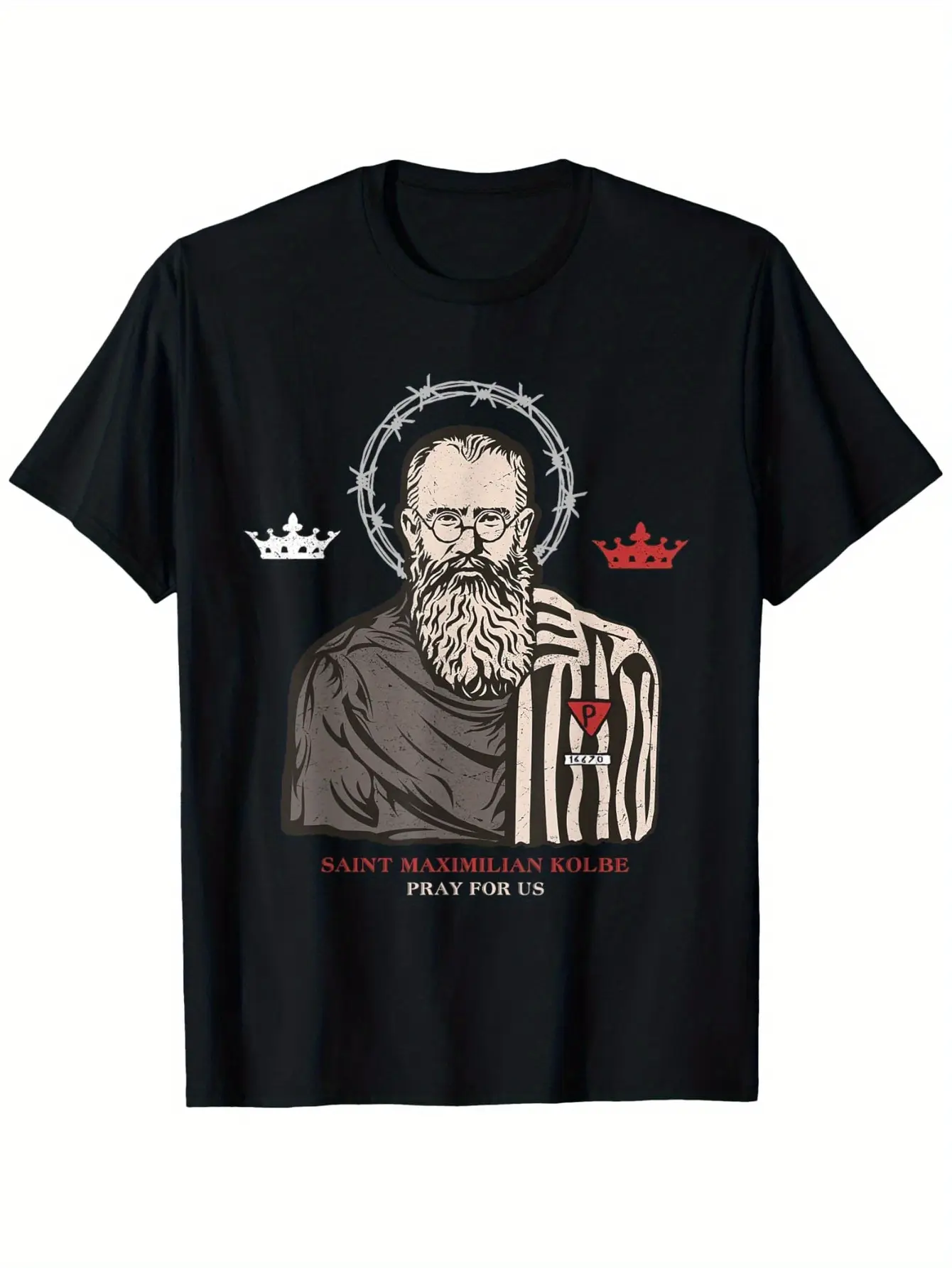 St  Maximilian Kolbe Two Crowns Catholic Saint Tee unisex soft cotton short sleeve t shirt, vintage graphic casual tee for men women teens, perfect birthday holiday gift for camping travel gym daily street casual wear