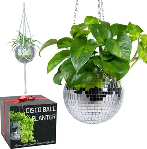 SCANDINORDICA Disco Ball Planter – Value Package: Mirror Disco Planter with Chain, Macrame Hanger and Acrylic Stand for Desk, Includes Self Watering Insert, Disco Ball Decor | 6 Inch Silver Corvino