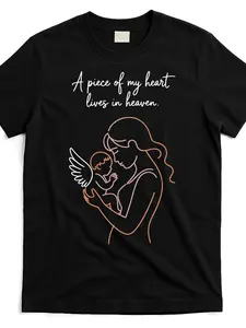 In Memory of Angel Babies - Comfort Cotton T-Shirt for Moms of Heaven - "A Piece of My Heart Lives in Heaven" Graphic Design - Casual Round Neck Short Sleeve Tee - Mother's Day Gift for Infant Loss Awareness, Sentimental Keepsake, Simple Yet Meaningful, D