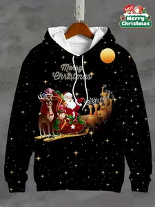 Men's Casual Christmas Hoodie, Polyester Knit Fabric, Slight Stretch, Long Sleeve, Regular Fit, Holiday Reindeer and Santa Pattern, Hot Trending Hoodies