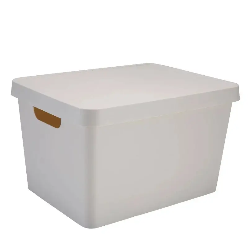 Simplify Vinto Storage Box with Lid Large: Off-White Polypropylene Decorative Bin, 14.5" W x 8.5" D x 10.9" H, No Assembly