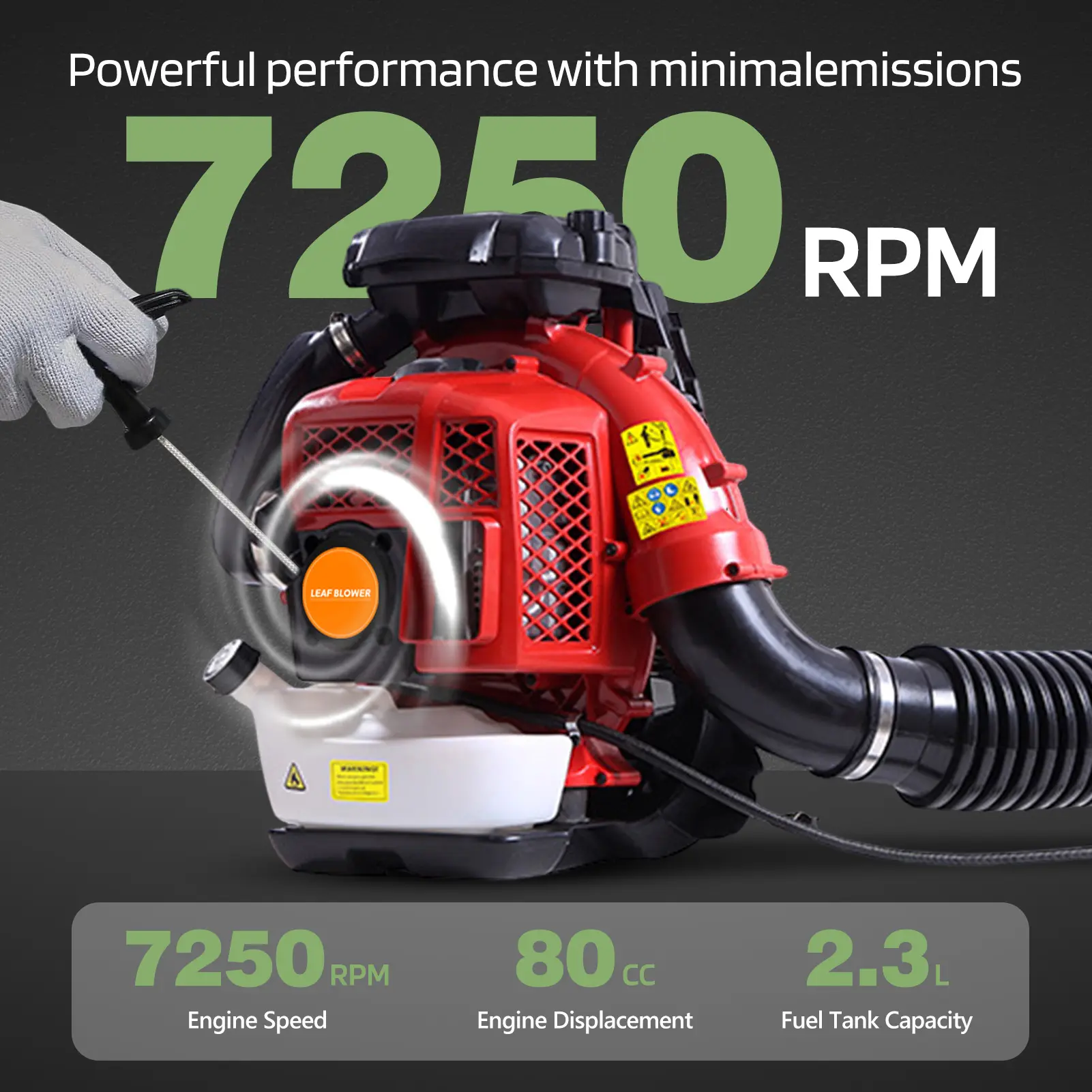 Super Power Backpack Leaf & Snow Blower, 80CC 2-Stroke Gas Powered Engine, 900CFM Air Volume, 2.3L Fuel Tank for Summer Garden Maintenance, Super Power Blower