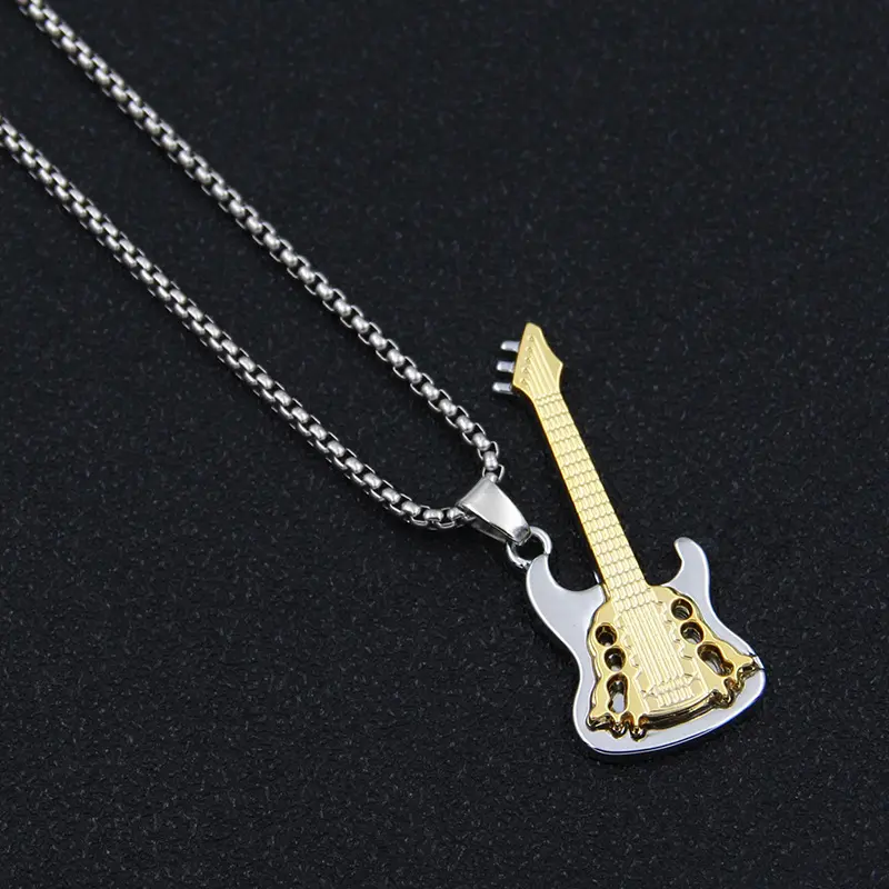 Gold-Tone Guitar Pendant Necklace for Music Lovers, Rock & Roll Stainless Steel Jewelry with a 70cm Long Chain, Rock & Roll Necklaces