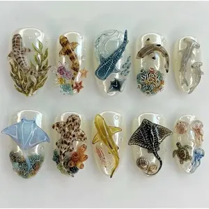 Ocean Life Press On Nails, 3D Marine Animal Nail Set, Whale Dolphin Stingray Nails, Sea Creature Handmade Nails