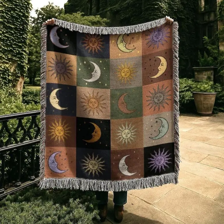 Celestial Astrology Blanket | Moon and Sun Woven Tapestry | Esoteric Dark Academia Patchwork Throw Blanket