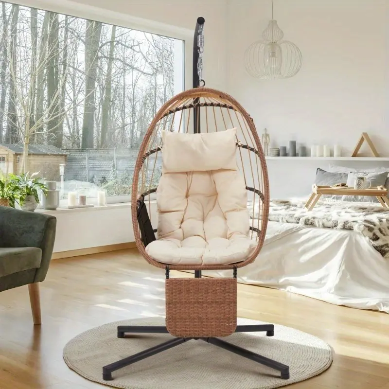 Hanging Egg Chair for 1, with Stand & Removable Leg Rest, Foldable Indoor/Outdoor Swing Chair, Including Cushion and Pillow, Patio Wicker Swing, Hammock Chair for Patio, Bedroom, Balcony, Beige