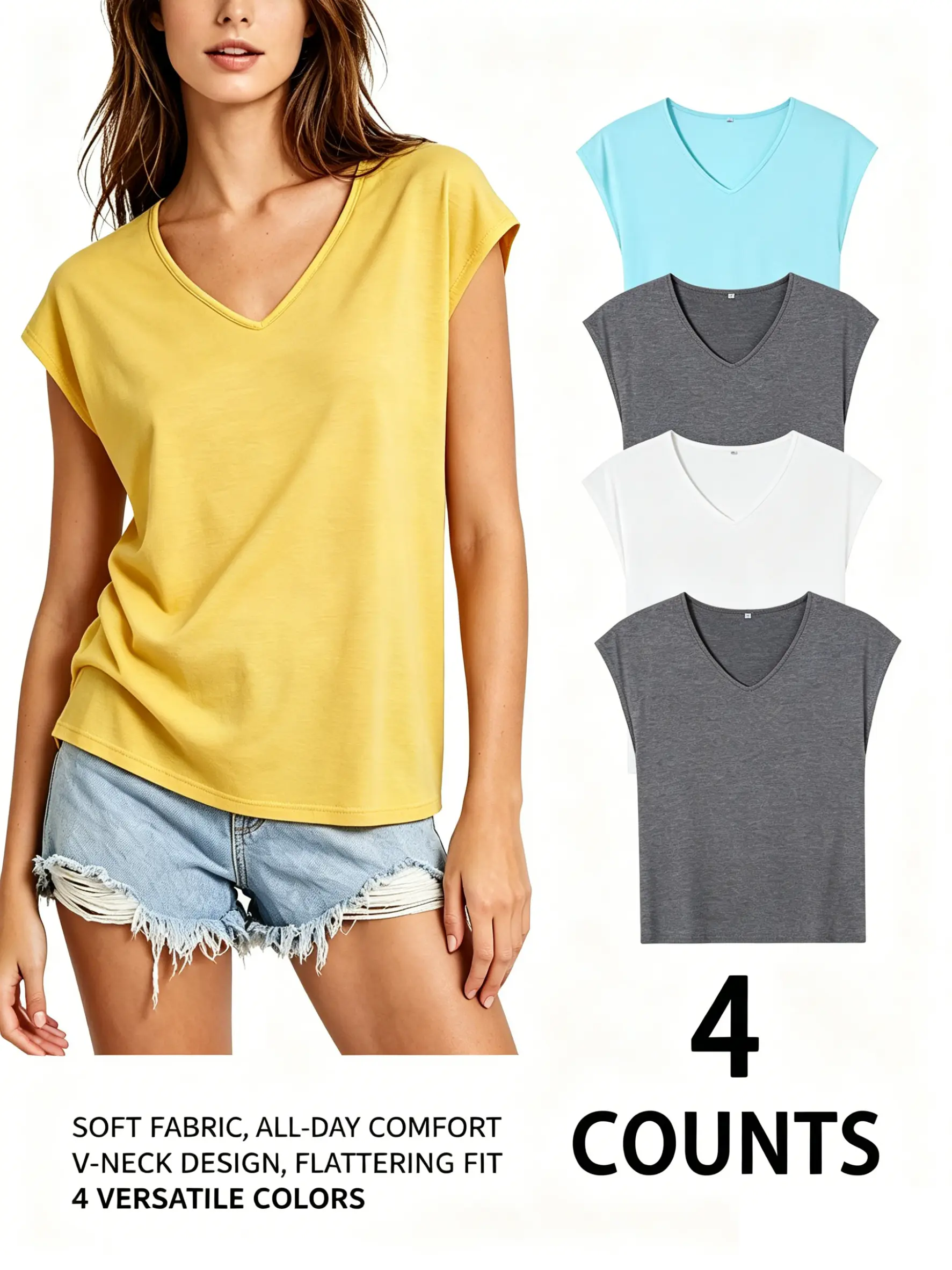 ZORVIC STUDIO 4 Pack Women's V Neck Short Sleeve T-Shirt Loose Fit Casual Basic Tee Pack Soft Lightweight Summer Tops Solid Color Cap Sleeve Blouse Trendy TikTok Viral Everyday Outfits Comfy Loungewear