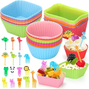 70 Pcs Silicone Lunch Box Dividers Set, Thicked Silicone Cupcake Liners for Baking, Reusable Lunch Bento Box Accessories with Animal Food Picks for Kids