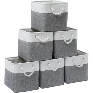 mm 11 x 11 Inch Cube Storage Bins, 6 Pack Large Collapsible Fabric Storage Bin with Ropes, Foldable Storage Cubes for Home, Office,Closet, Clothes, Toys Organizer (White & Grey-11"x11"x11")