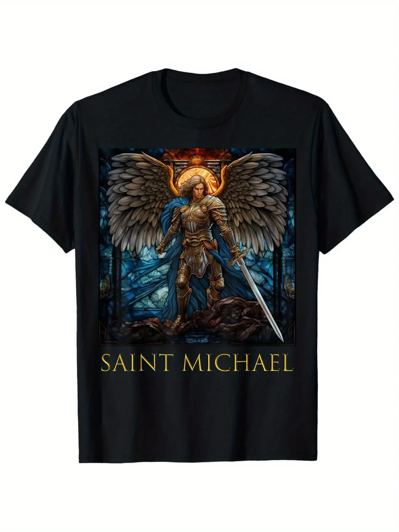 s Saint Michael the Archangel Stained Glass T-Shi unisex soft cotton short sleeve t shirt, vintage graphic casual tee for men women teens, perfect birthday holiday gift for camping travel gym daily street casual wear