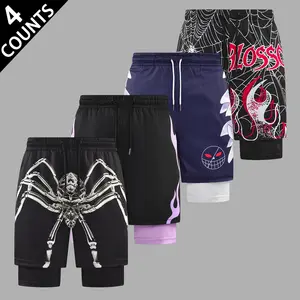 Edgy Graphic Mens Double Layered Athletic Short Gothic Spider Print Loose Fit Breathable Shorts for Daily Wear