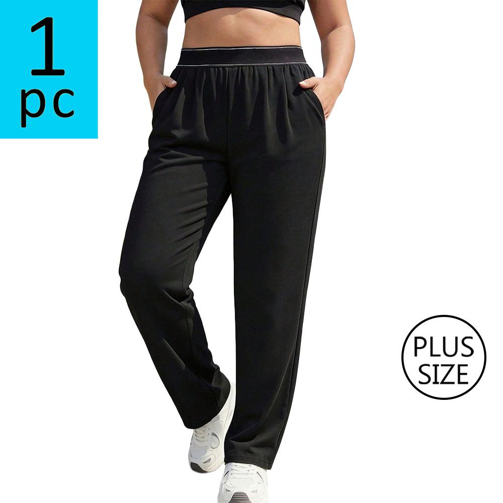 Plus-size women’s athletic casual pants with an elastic waistband and straight legs; solid color, versatile running/fitness/jogging pants; plus-size black straight-leg pants; medium stretch woven fabric; suitable for everyday wear and as a holiday gift.