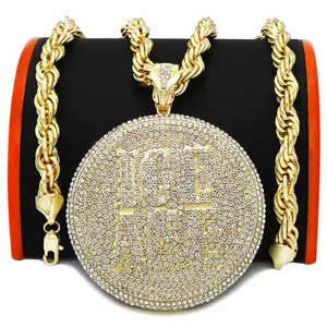 Giant ICE Round Pendant Iced Out with 14k Gold PT 30" Rope Chain