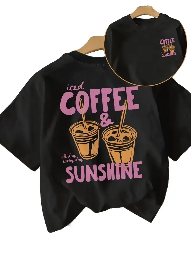 Men's Comfy Cotton Fitted Iced Coffee & Sunshine Double-Sided Print T-Shirt - Coffee Lover Casual Tee for Day, Everyday Wear,summerwins,father'sdaygifts Crewneck Soft