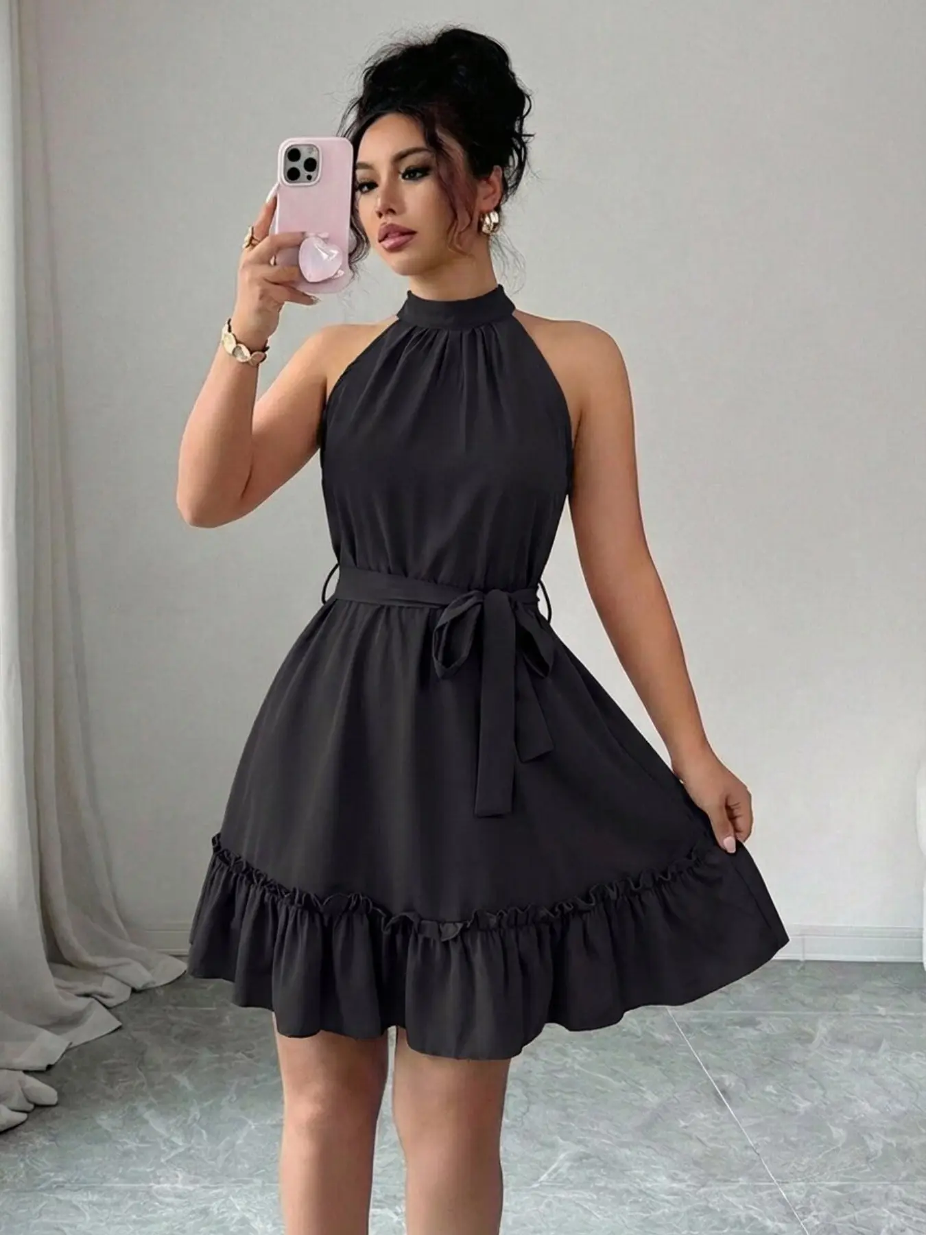 Women's Summer Halter Mock Neck Dress Sleeveless Tie Waist Lace Trim Resort Wear Solid Color Midi