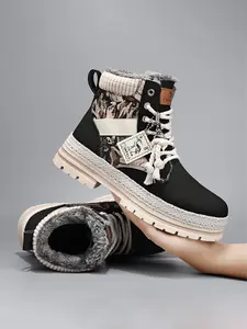 Men's Fall New Vintage Pattern Colorblock High-Top Laced Shoes, Sporty Casual Waterproof Winter Fleece Warm Boots, Casual Outdoor Boot
