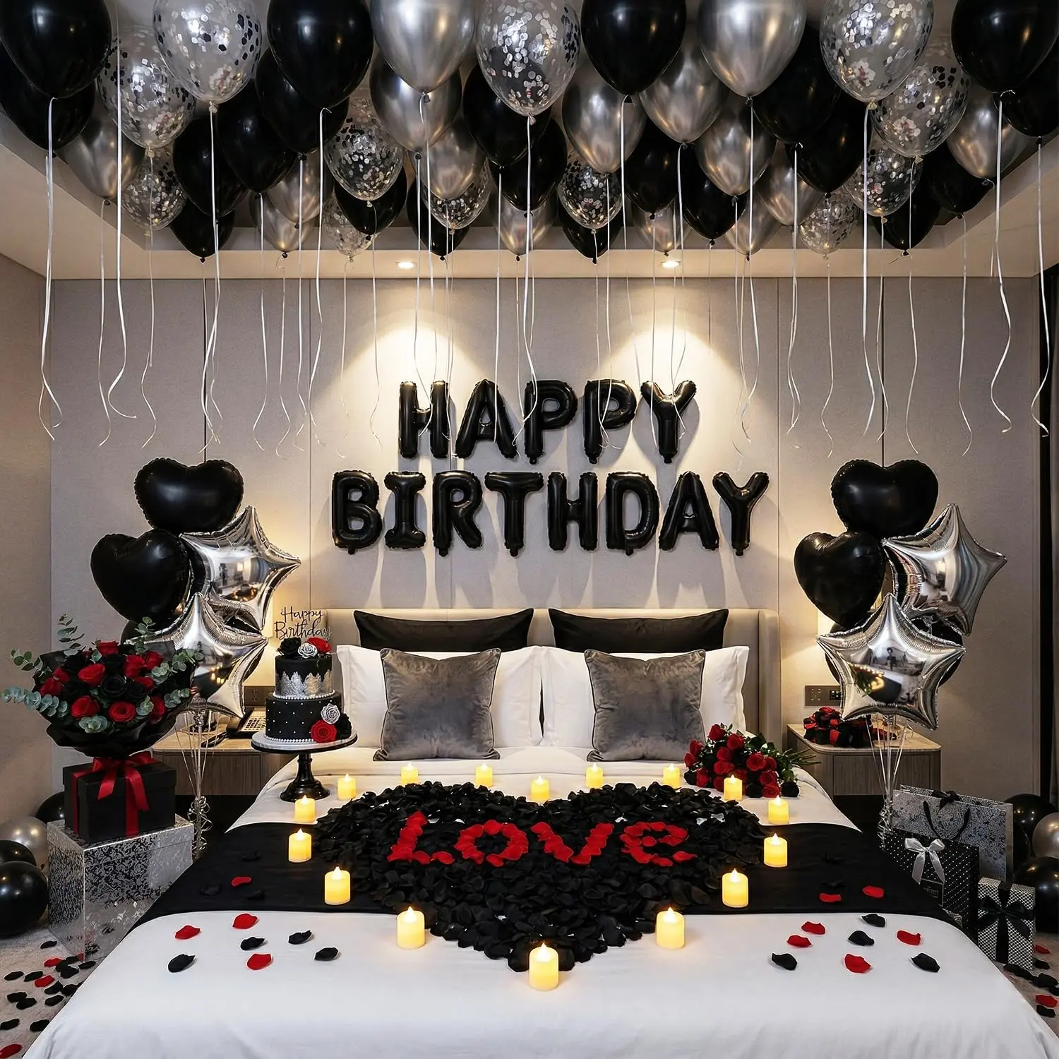 Romantic Birthday Decorations for Men with Black Silver Balloons, Happy Birthday Banner, Tea Lights and Rose Petals, Birthday Decorations for Boyfriend Husband Anniversary Surprise Room Decor (73PCS)