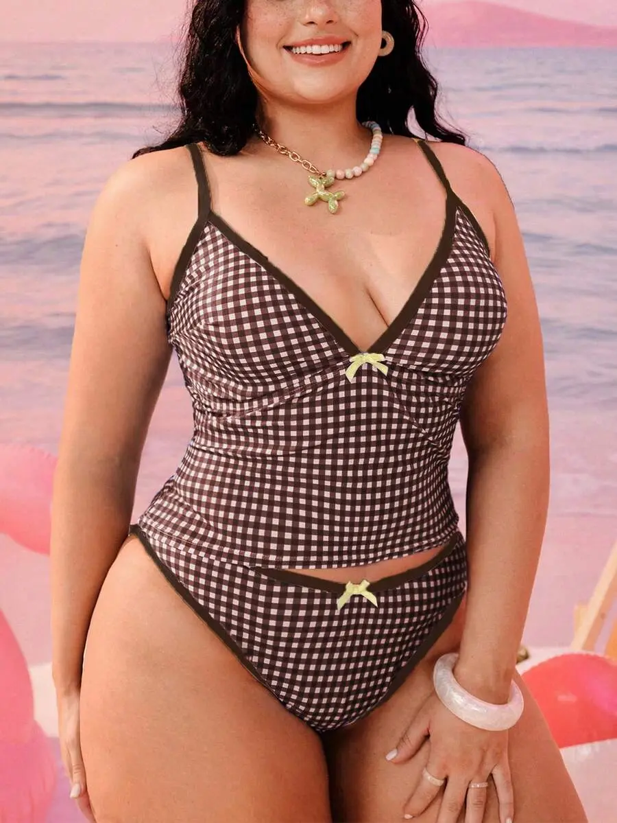Plus Size Women 2-Piece Geometric Print Bikini Swimwear Summer Elegant Beach Holiday Modest Bow Adjustable Strap High Waist Swimsuit