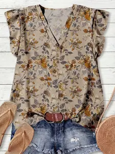 Women's Casual Vintage Simple Shirt Blouse Vneck, Summer Business Casual Fashion Top, Loose-Fitting Floral Pattern, Perfect for Daily Wear