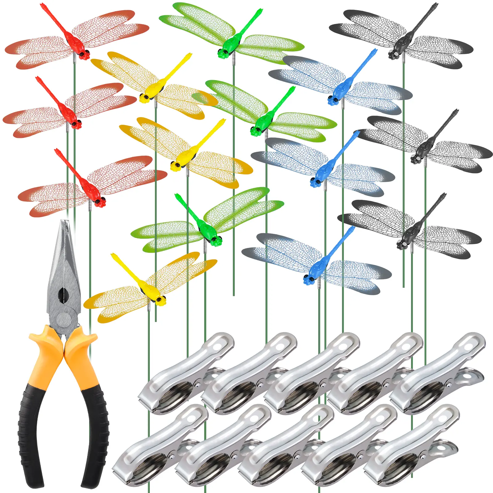 NiHome 15PCS Multicolor Waterproof Realistic Dragonfly Garden Decor Accessories - Clip-On Miniature Hanging Garden Sculptures & Statues, 10 Clips for Indoor/Outdoor Plant, Wall, Hat Decoration Use, 15Pcs For Variety