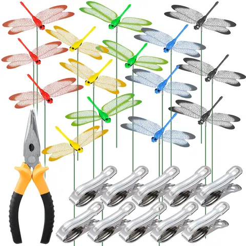 NiHome 15 Decorative Dragonflies with 10 Clips - Waterproof PVC Plastic Multicolor 9cm & 25cm All Seasons Visual Deterrents, Indoor & Outdoor Plant Wall Clip-On Hanging Decor