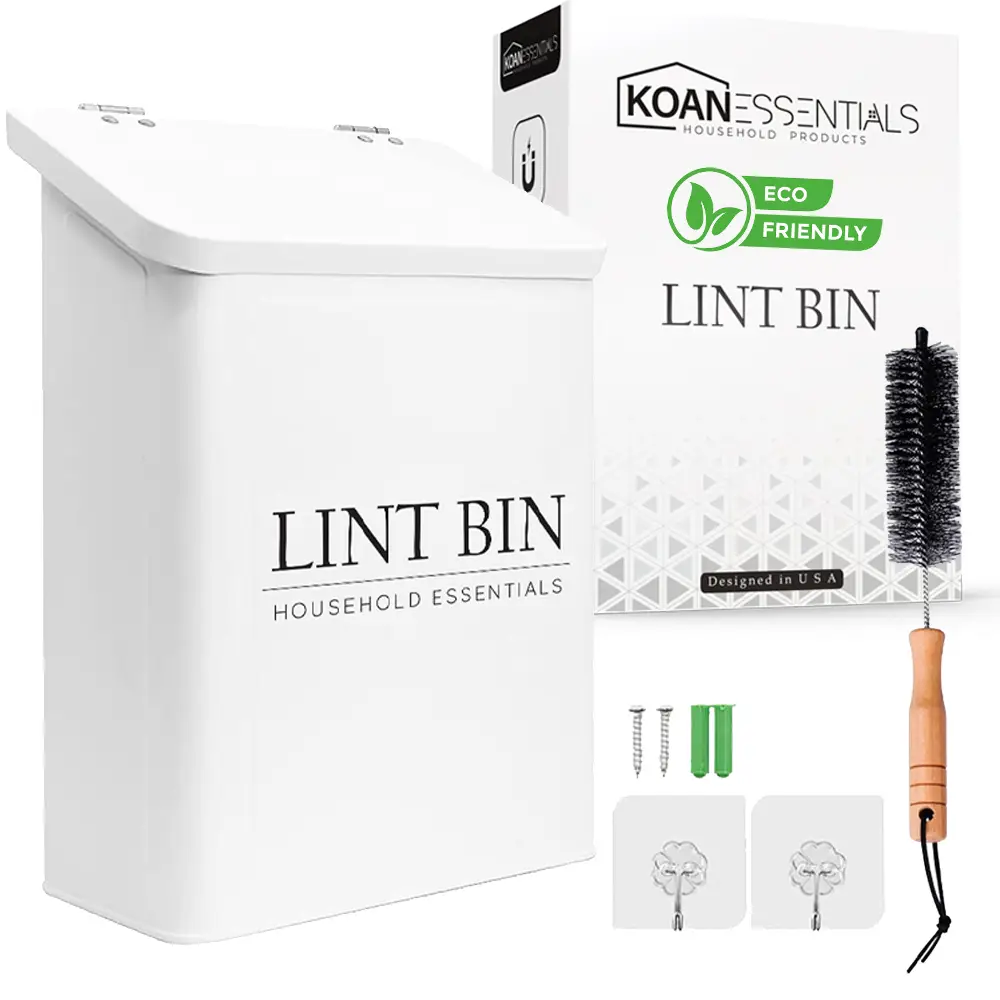 KOANEssential Farmhouse Metal Magnetic Lint Bin for Laundry Room Decor-Lint Trash Can, Magnetic Bin, Dryer Lint Bin for Laundry Room, Lint Box(White)