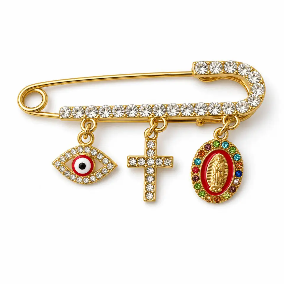 September Laurel  Motherhood Keepsake Safety Pin Brooch, Gold Crystal Maternity Charm Pin with Eye, Cross & Madonna Pendant, Elegant Pregnancy Jewelry Gift for Expecting Moms