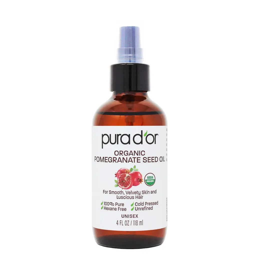 PURA D’OR Organic Pomegranate Oil 4oz (118ml) – 100% Pure Cold Pressed Pomegranate Seed Oil for Skin, Face, Hair & Anti-Aging Care