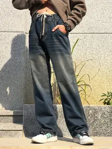 Men's All-Season Blue- Gradient Washed Catwalk Pattern Jeans, Vintage Distressed Drawstring Mid-Waist Loose-Fit Straight Leg Pants