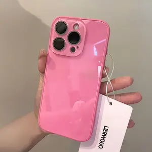 Cute Bright Pink Glossy Phone Case, Skin-Feel Soft TPU Bumper & Hard PC Back, Full Lens Protection, Minimalist Pink & White, Compatible with iPhone 17/16/15/14/13 Pro Max Plus Air
