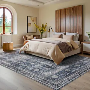 【GARVEE】Living Room Rugs 10x13 Large Vintage Printed Area Rugs with Non-Slip Backing, Stain-Resistant Oriental Accent Rugs, Washable Farmhouse Low Pile Rugs for Bedroom, Office, Blue
