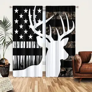 2pcs Window Curtains, A white deer silhouette overlays a US flag design with black and camo stripes, white stars, and forest/deer silhouettes in the lower stripes.Window Drapes for Bedroom Living Room, Rod Pocket Window Treatment
