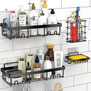 Rustproof Adhesive Shower Caddy Extra Large Capacity No Drill Bathroom Shelves Self Adhesive Shower Storage Organizer Rack Basket for Inside Shower Wall Farmhouse Home Bathroom Decor Accessories Black